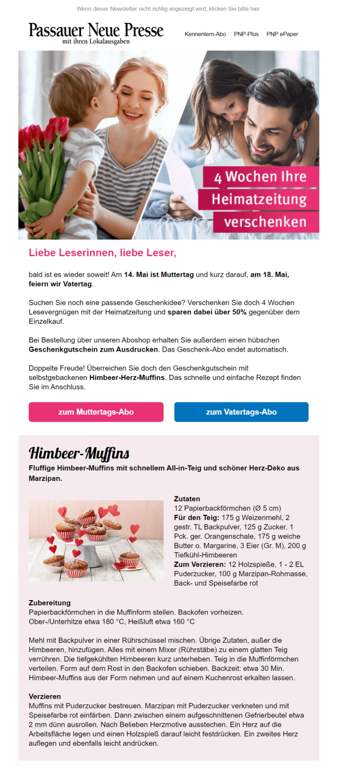 Newsletter-Beispiel Muttertag und Vatertag