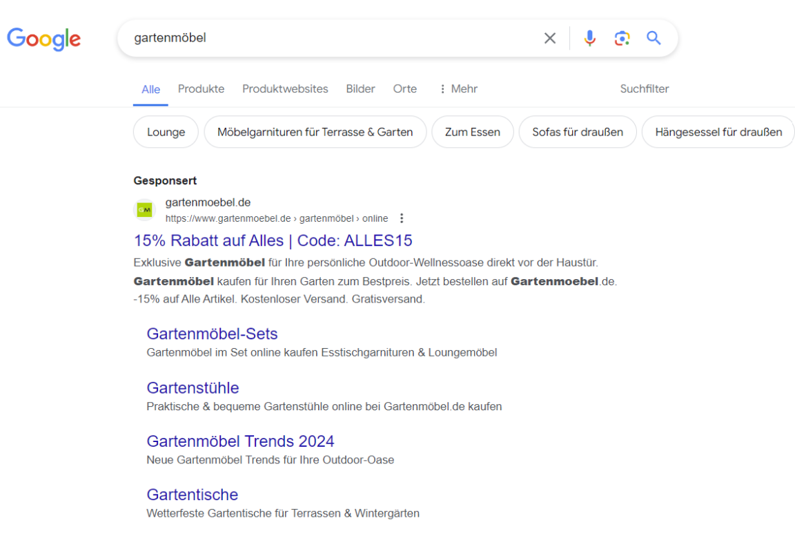 Beispiel einer Pay-per-Click-Google-Werbeanzeige für einen Gartenmöbel-Onlineshop