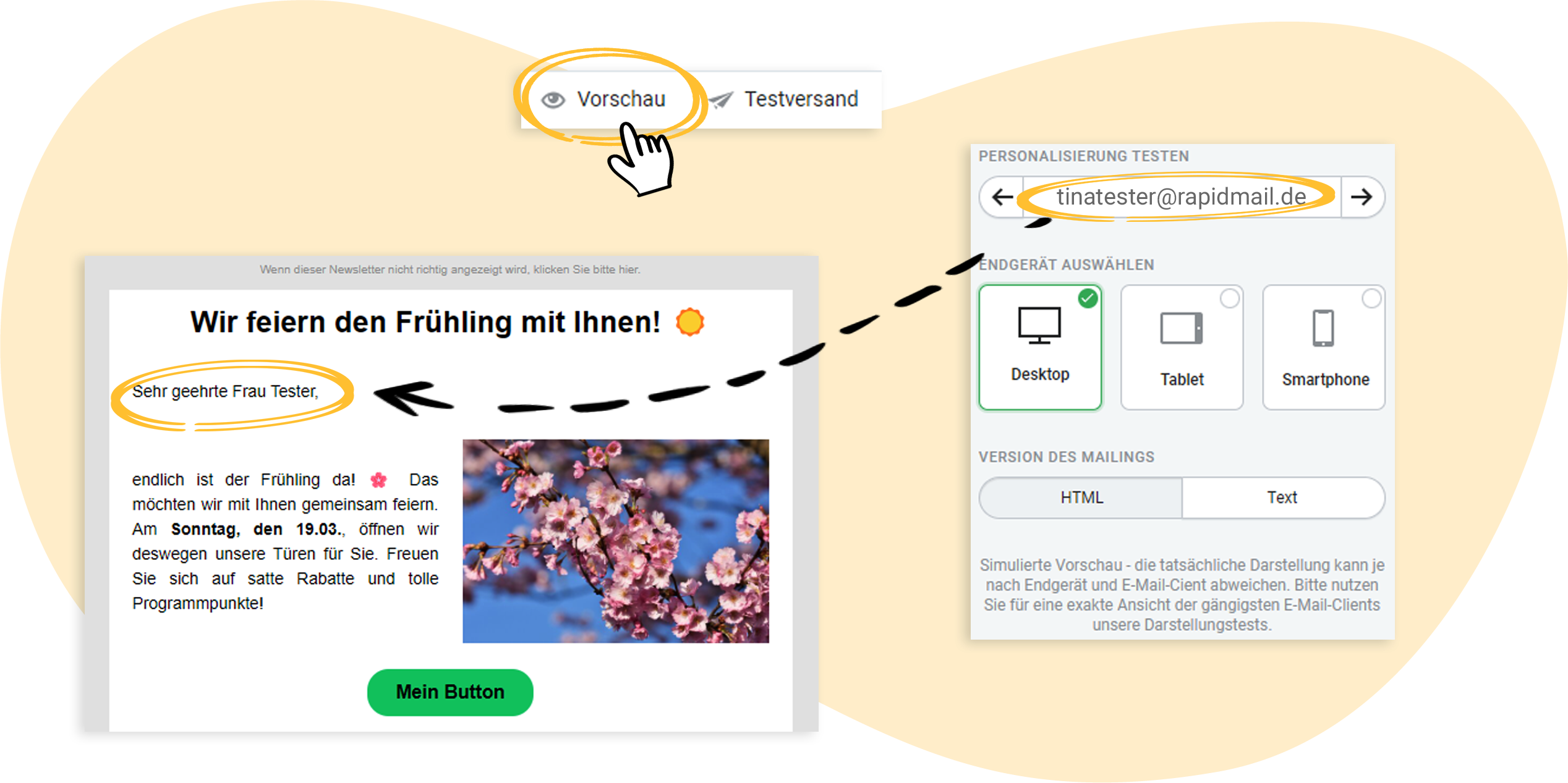 Beispiel, in dem die persönliche Anrede in der Vorschaufunktion im Newsletter gezeigt wird
