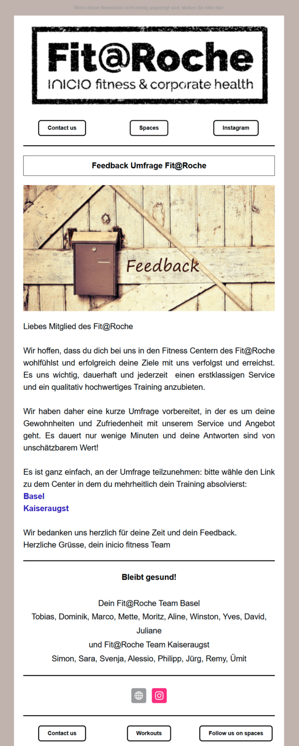 Fitness-Newsletter-Beispiel für eine Umfragemail von inicio-fitness