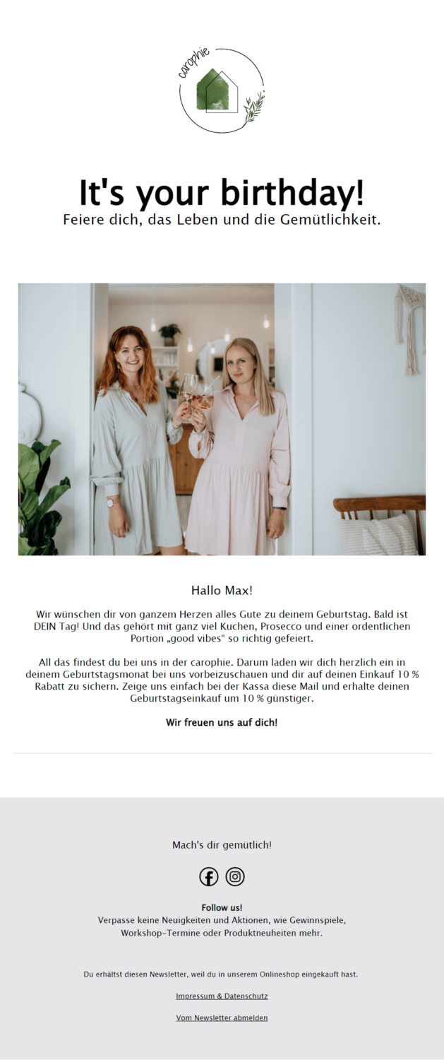 Beispiel für eine Newsletter-Automation zum Kundengeburtstag von carophie