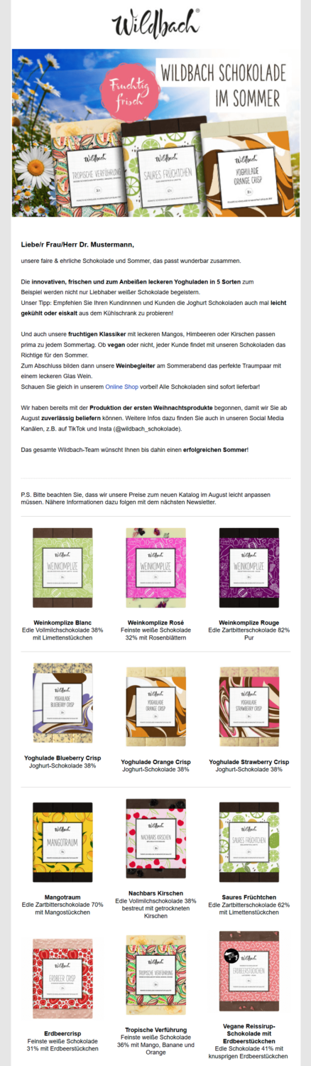 Sommerliches Newsletter-Beispiel des Schokoladen-Onlineshops Wildbach
