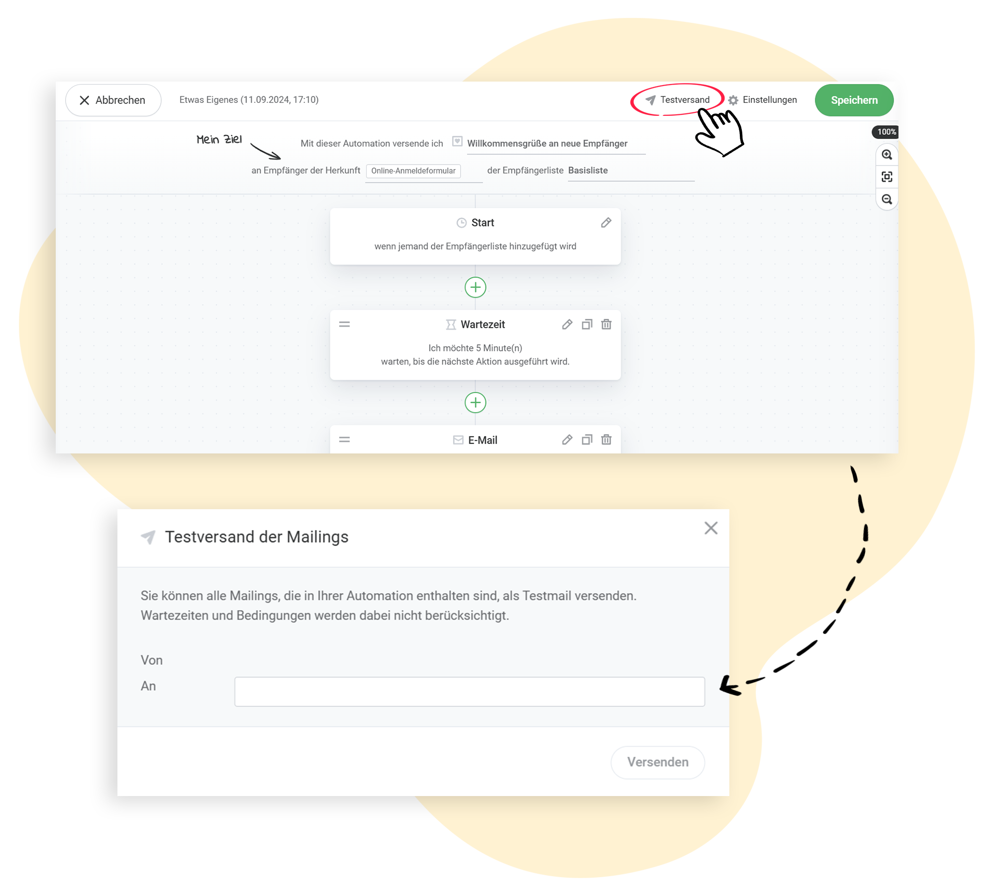 Testversand auswählen und E-Mail-Adresse eingeben