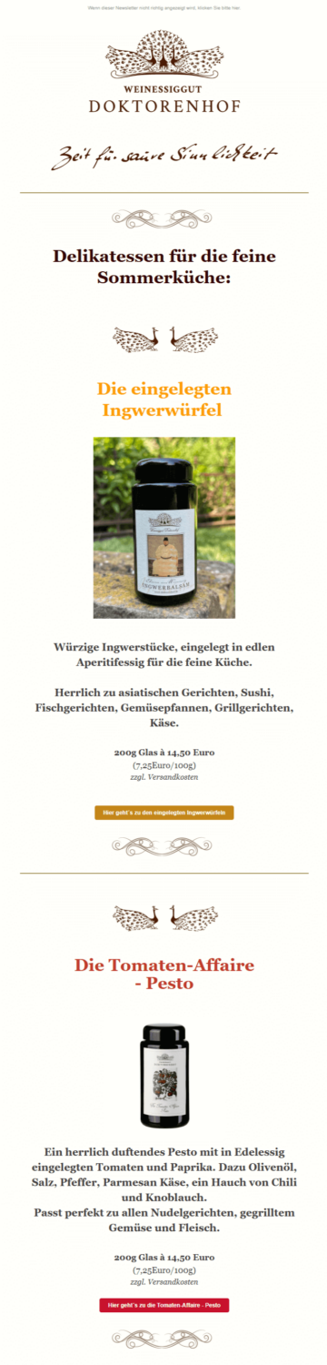 Sommer-Newsletter-Beispiel des Weinessigguts Doktorenhof