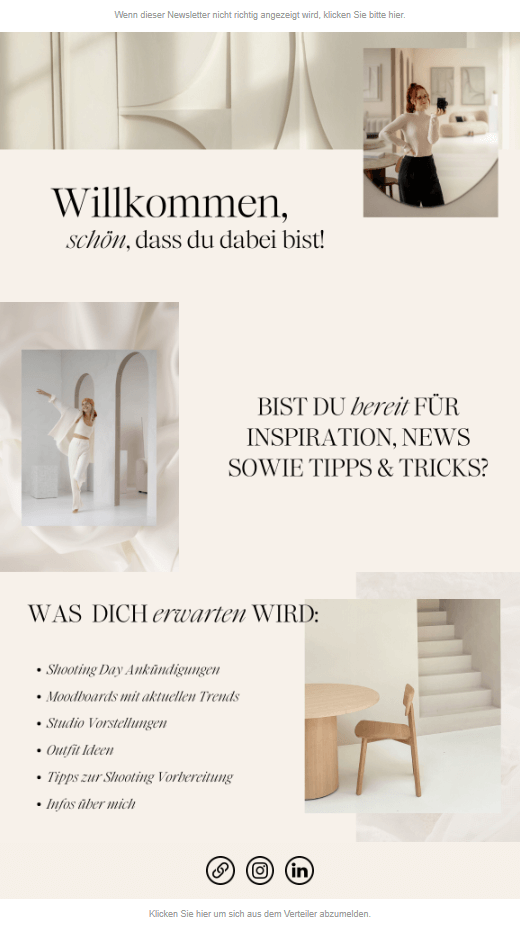 Beispiel für eine Newsletter-Begrüßungsmail eines Fotostudios