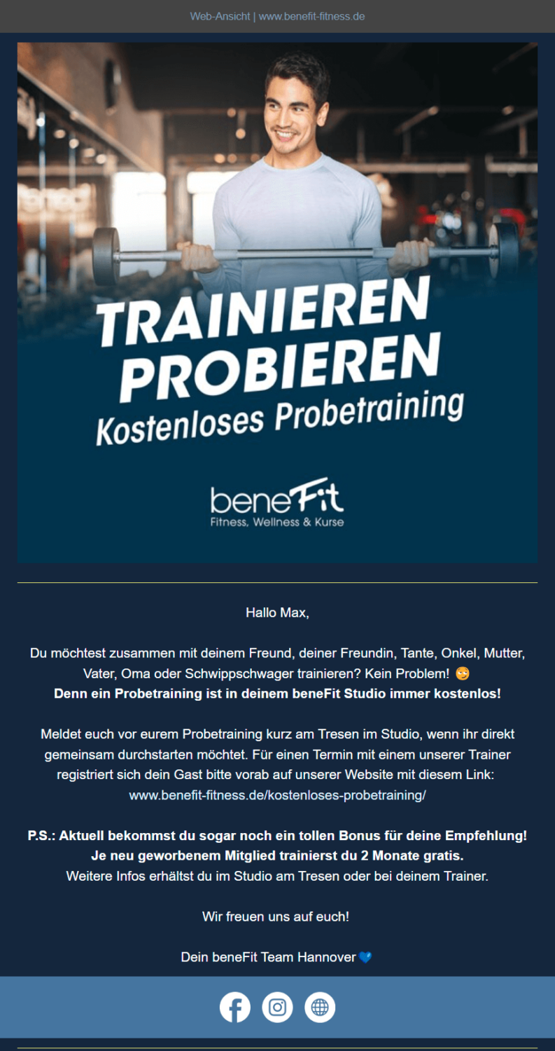 Fitnessclub-Newsletter-Beispiel mit Einladung zum kostenlosen Probetraining