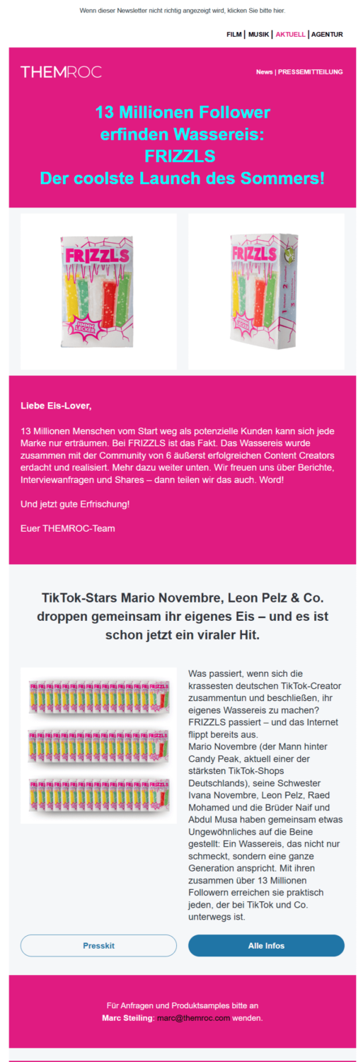Sommer-Newsletter-Beispiel der Marketing-Agentur Themroc zum Launch eines neuen Wassereises