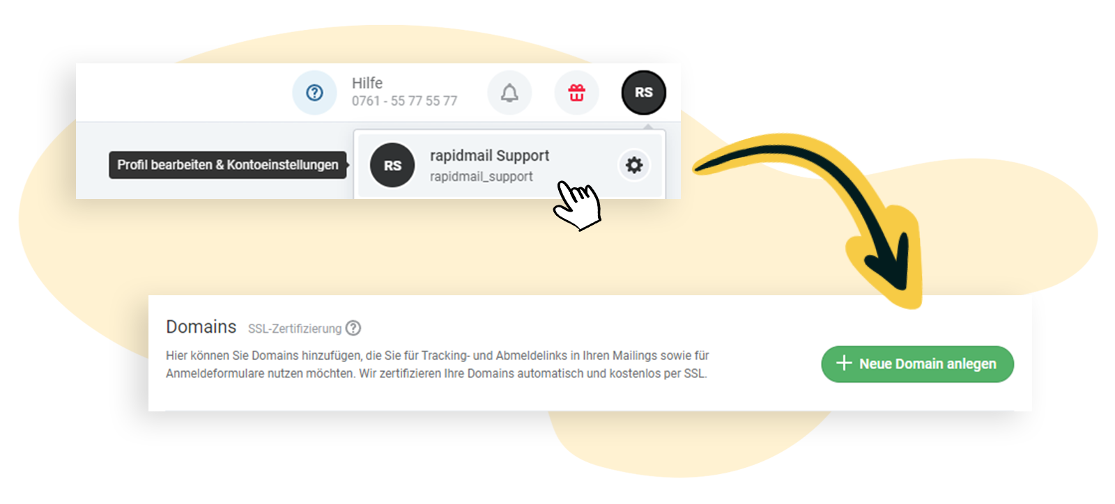 Neue Domain in den Kontoeinstellungen anlegen