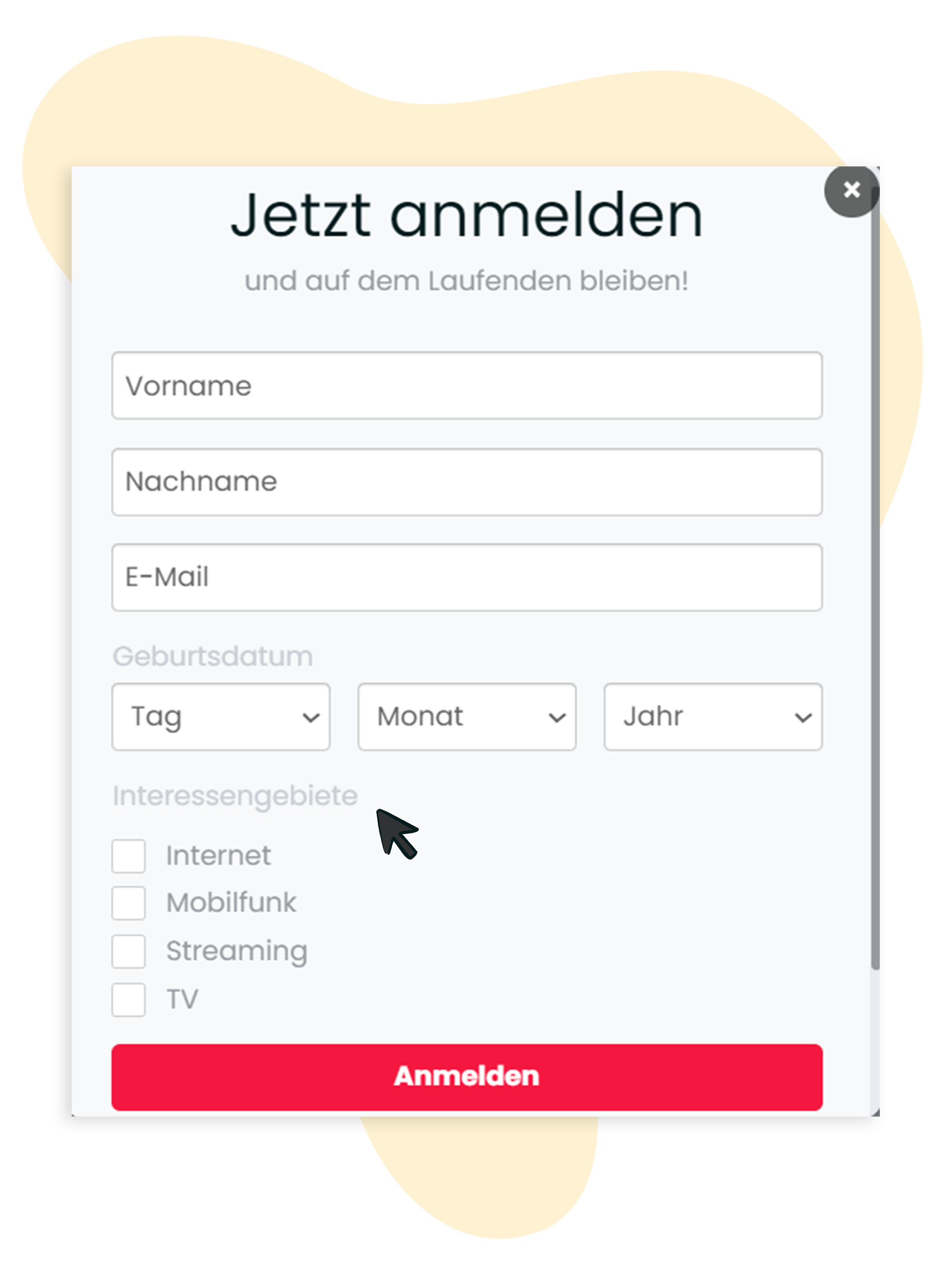 Beispiel Anmeldeformular mit klickbaren Interessengebieten