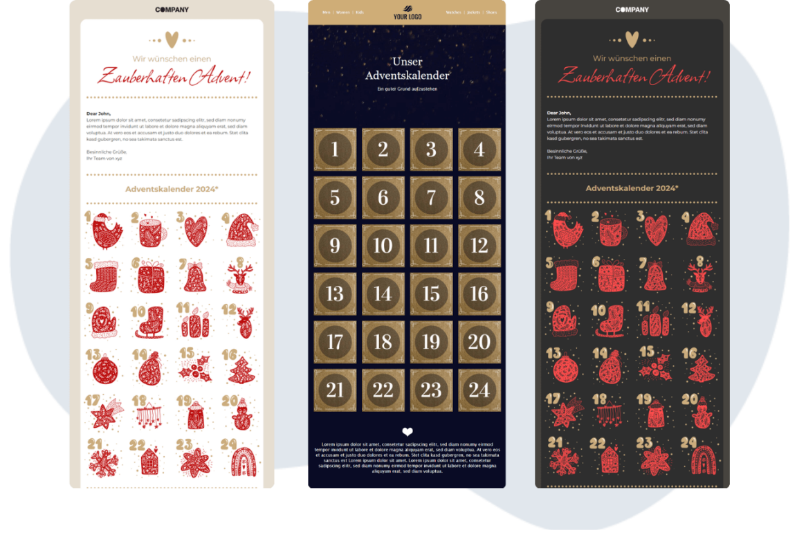 Auswahl an kostenlosen Vorlagen für digitale E-Mail-Adventskalender