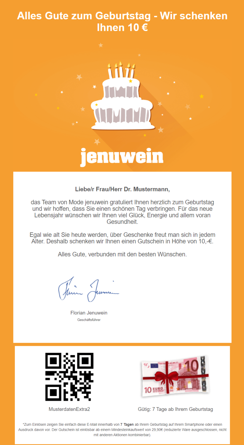 Beispiel für ein Geburtstagsmailing eines Modegeschäfts