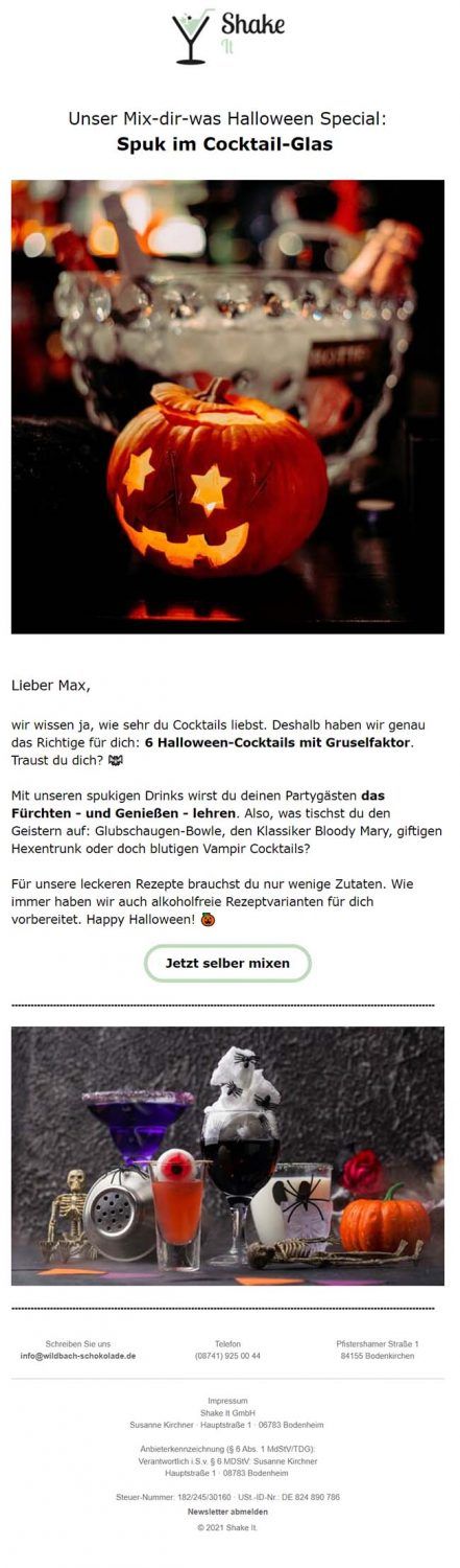 Halloween-Newsletter mit Cocktail-Rezepten