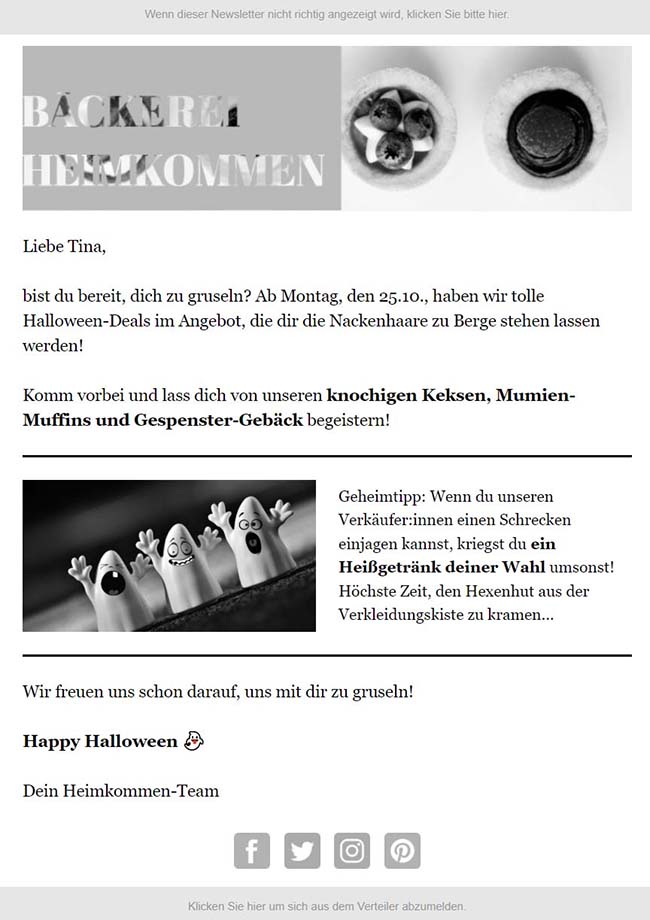 Newsletter-Beispiel zu Halloween von einer Bäckerei