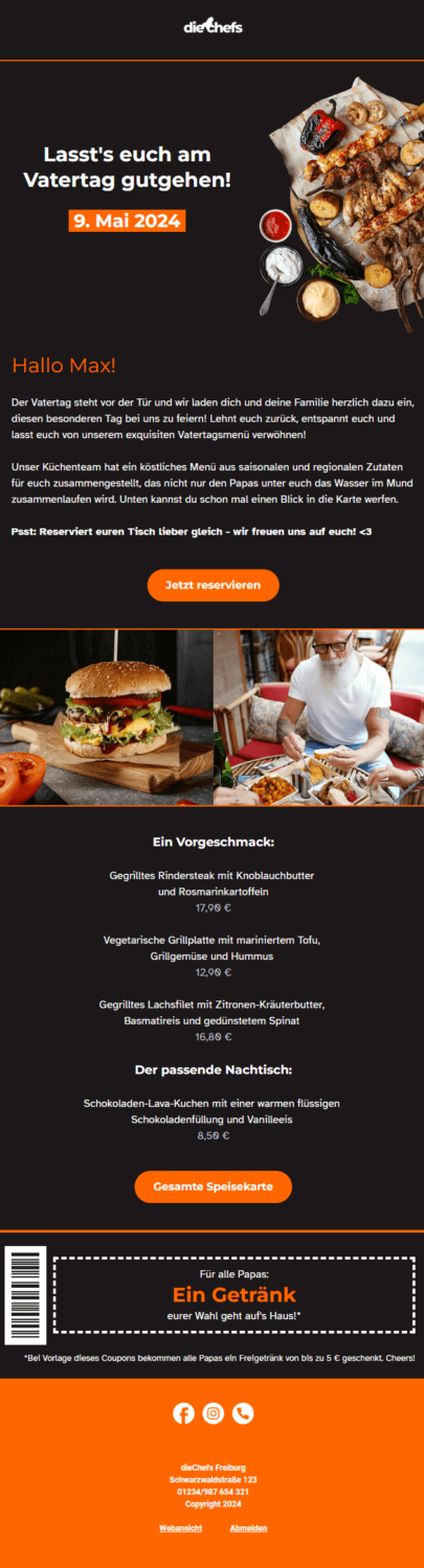 Newsletter zum Vatertag mit einem besonderen Menü für die ganze Familie