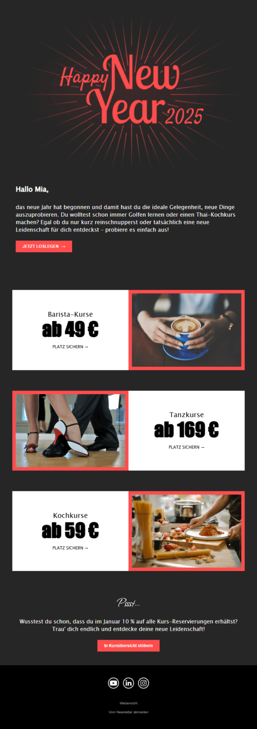 Neujahrs-Newsletter-Beispiel eines Anbieters von verschiedenen Kursen
