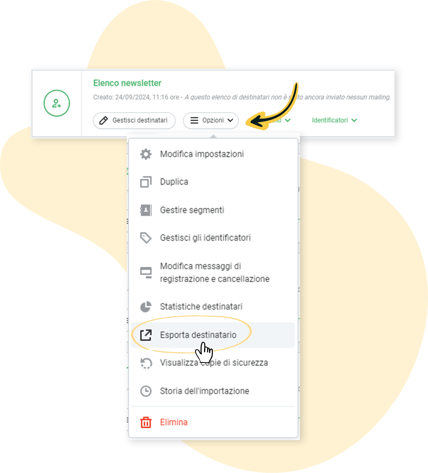 Selezionare Opzioni e poi Esporta destinatario