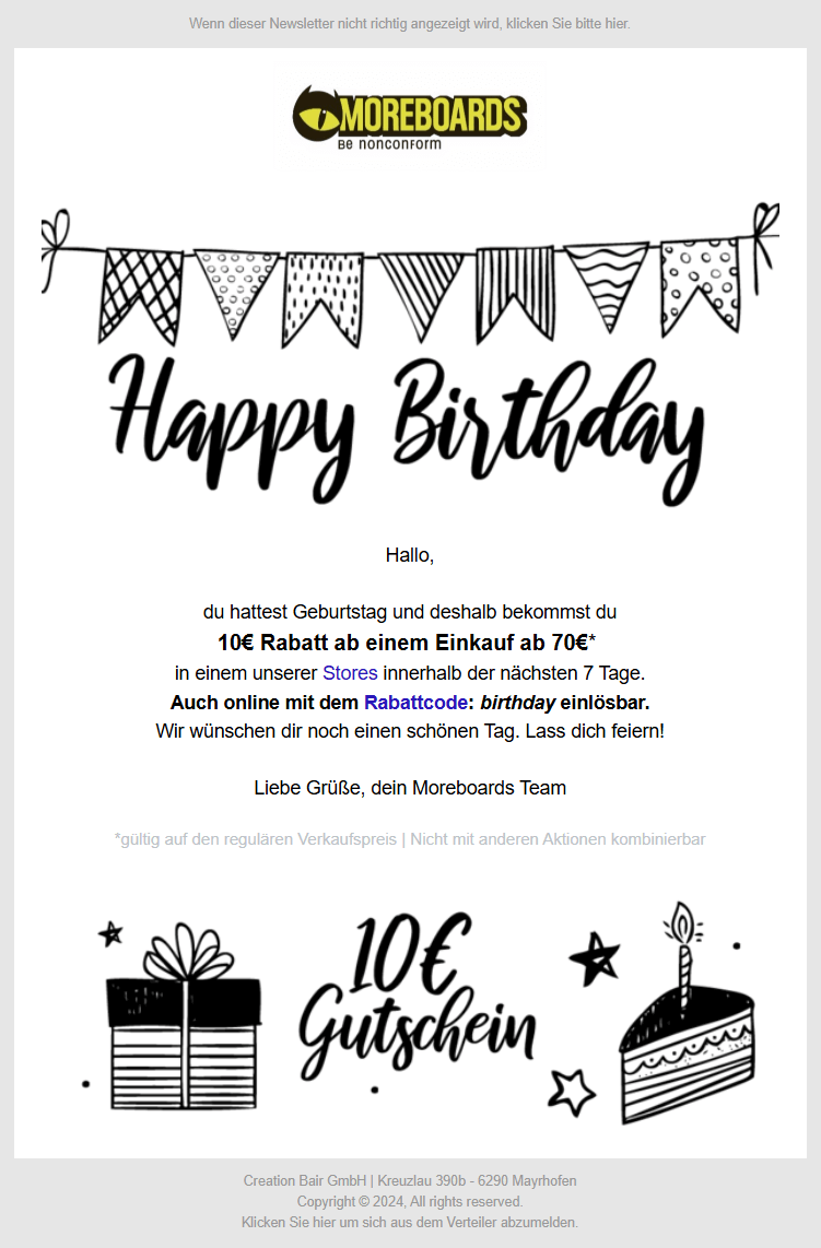 Newsletter-Beispiel Gutschein automatisierte Geburtstagsmail