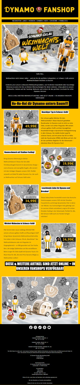 Beispiel einer Weihnachtsmail mit Geschenkideen von Dynamo Dresden
