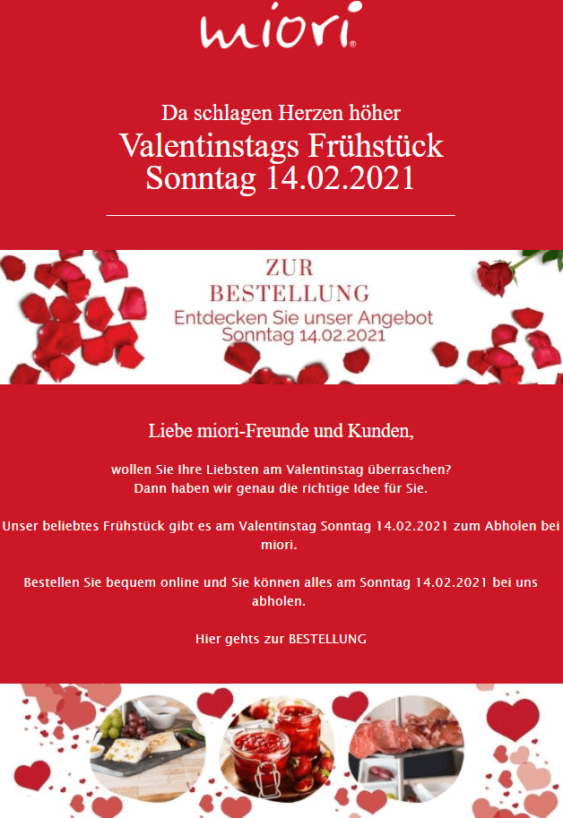 Valentinstagsnewsletter Beispiel für Brunch zum Abholen
