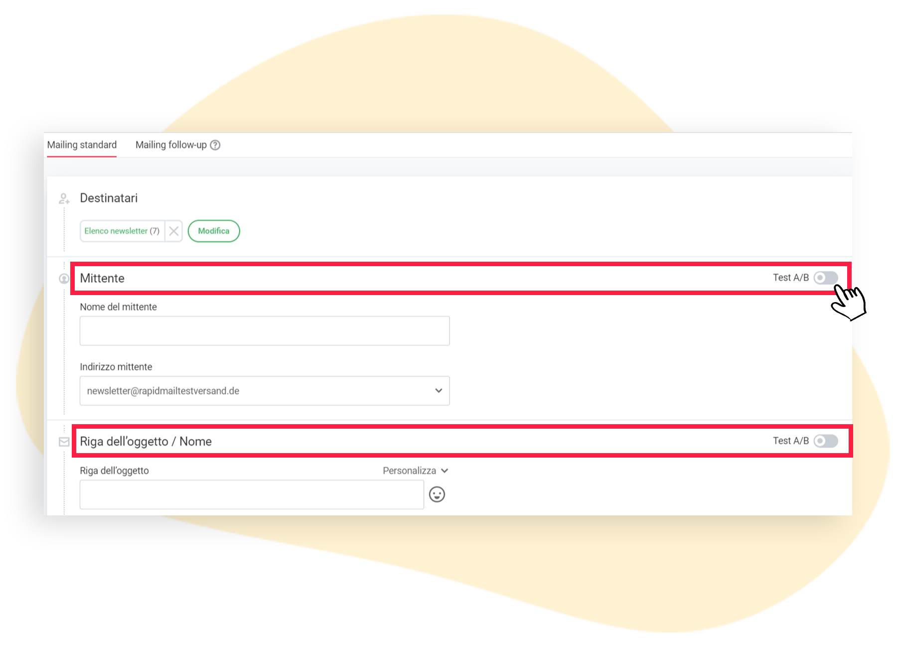 Selezione dell'invio del test A/B: mittente e/o oggetto