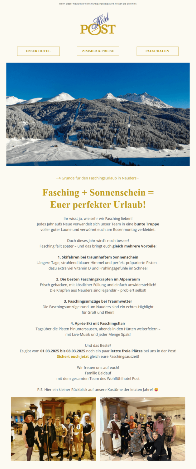 Fastnachtsnewsletter-Beispiel des Hotels Post mit einem Angebot aus Karnevalsevents und Skitagen