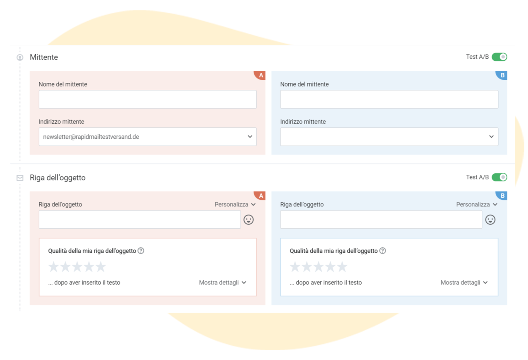 Inserimento del mittente e dell'oggetto per la newsletter A/B