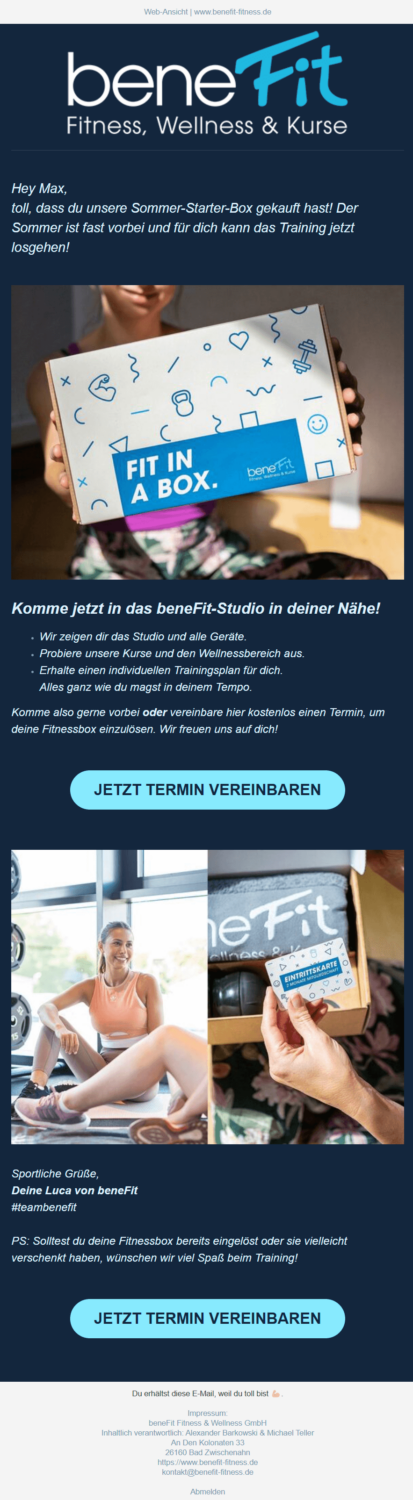 Fitnessclub-Newsletter-Beispiel von beneFit mit einem Sommer-Starterset