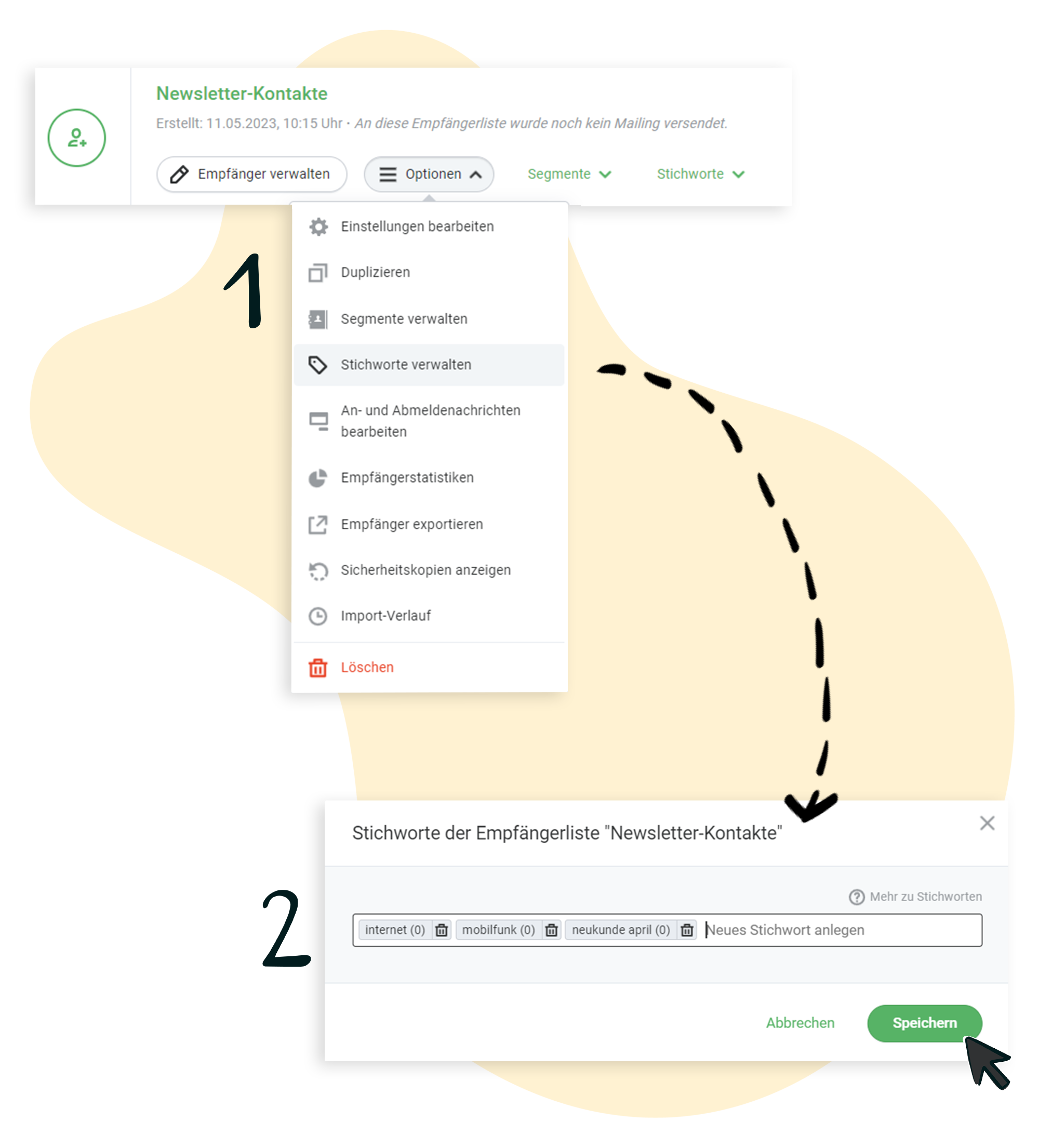 Stichworte verwalten und neue hinzufügen