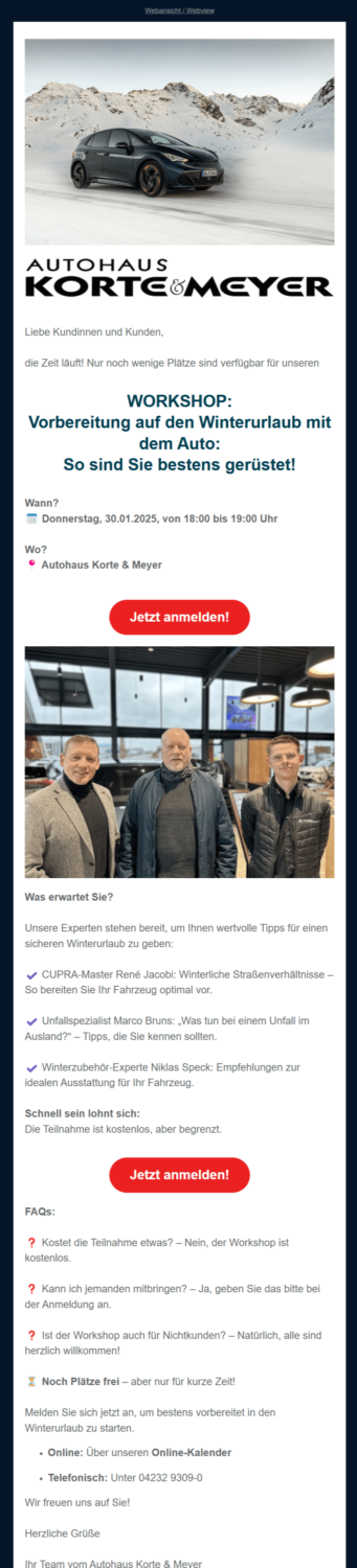 Kfz-Newsletter-Beispiel des Autohaus Corte & Meyer mit Einladung zum Winter-Workshop