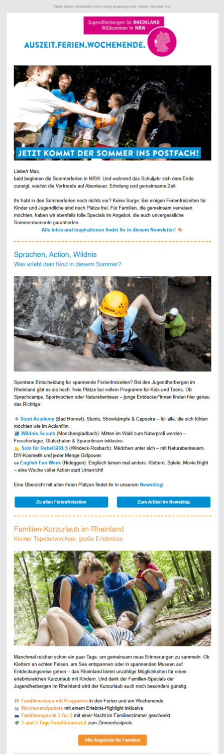 Beispiel für einen Sommer-Newsletter von Rheinland-Jugendherbergen mit Ferienangeboten