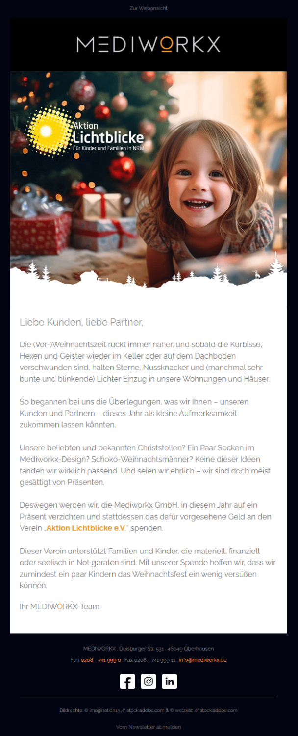 Weihnachtliche E-Mail mit Spendenaktion der MEDIWORKX Agentur