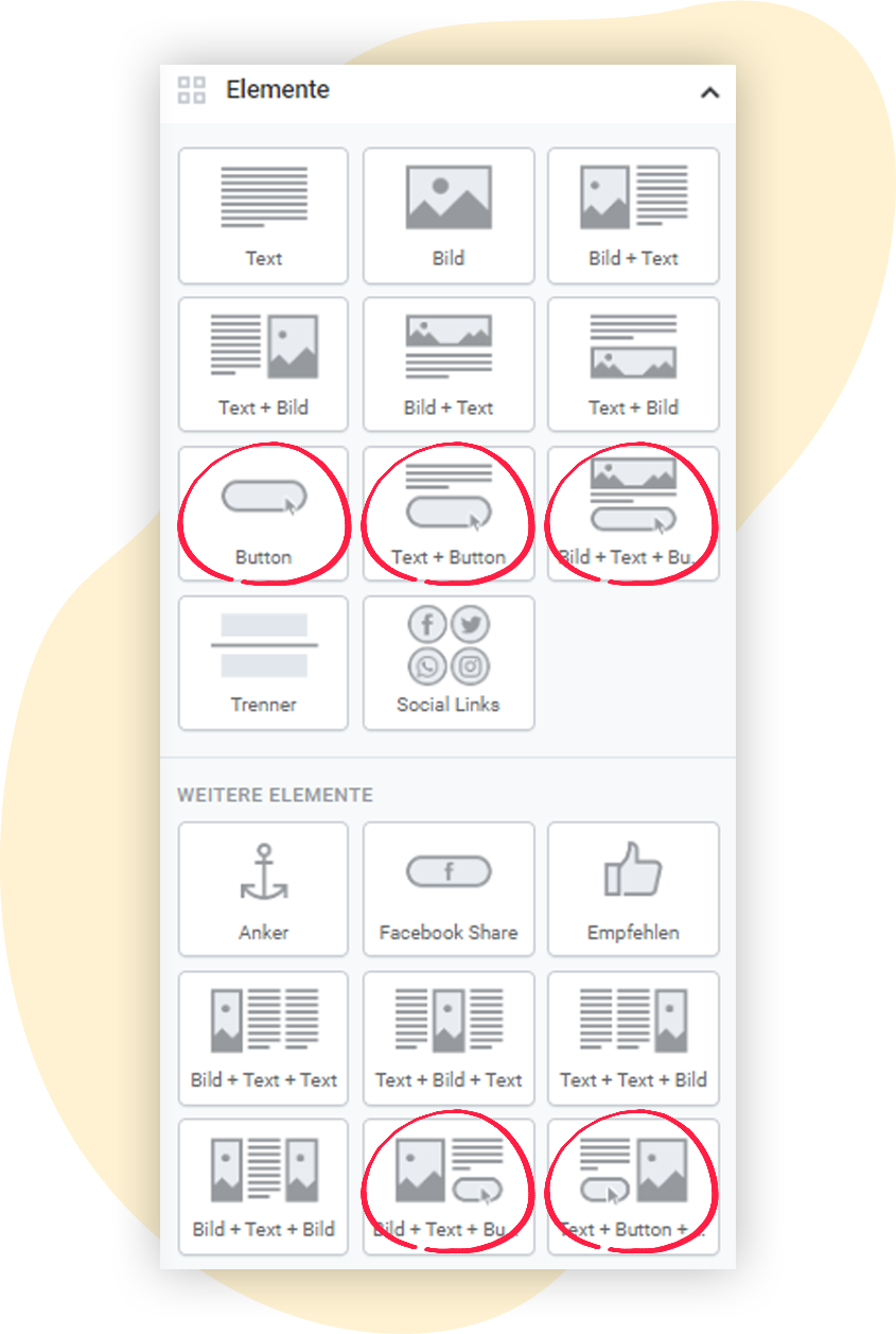 Verschiedene Elemente im Mailing-Editor, die den Button beinhalten, werden vorgestellt