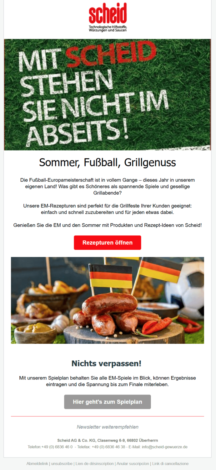 Sommer-Newsletter zur Fußball-EM mit passenden Rezepten von Scheid