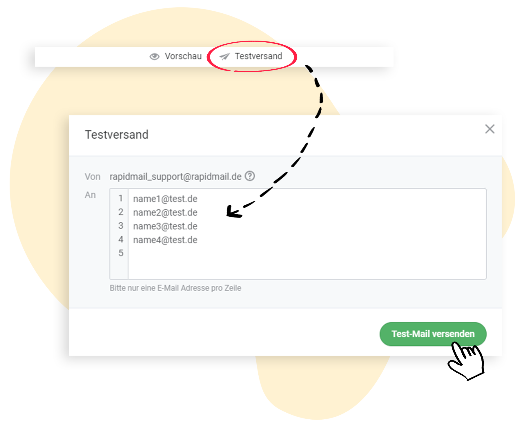 Die Grafik zeigt die Testversand-Funktion im Editor und das Pop-Up-Feld, in dem man die Empfängeradressen eingibt