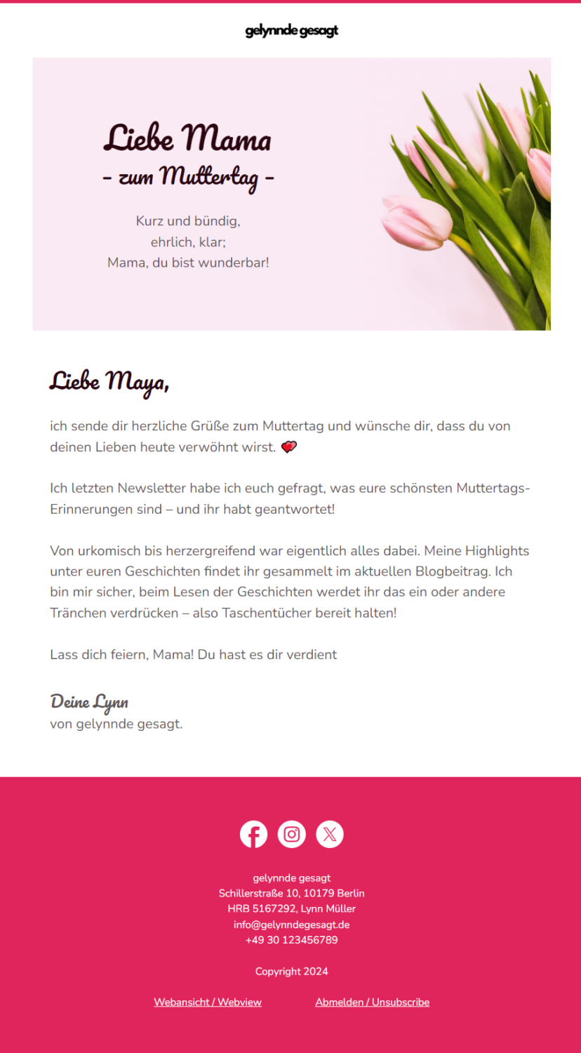 Muttertags-Newsletter mit einem Gedicht
