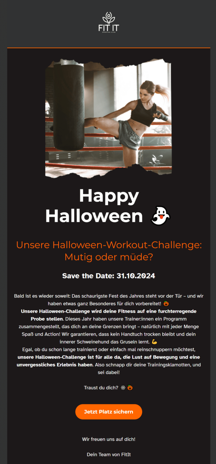 Save-the-date-Newsletter-Beispiel von FitIt für eine Halloween-Workout-Challenge