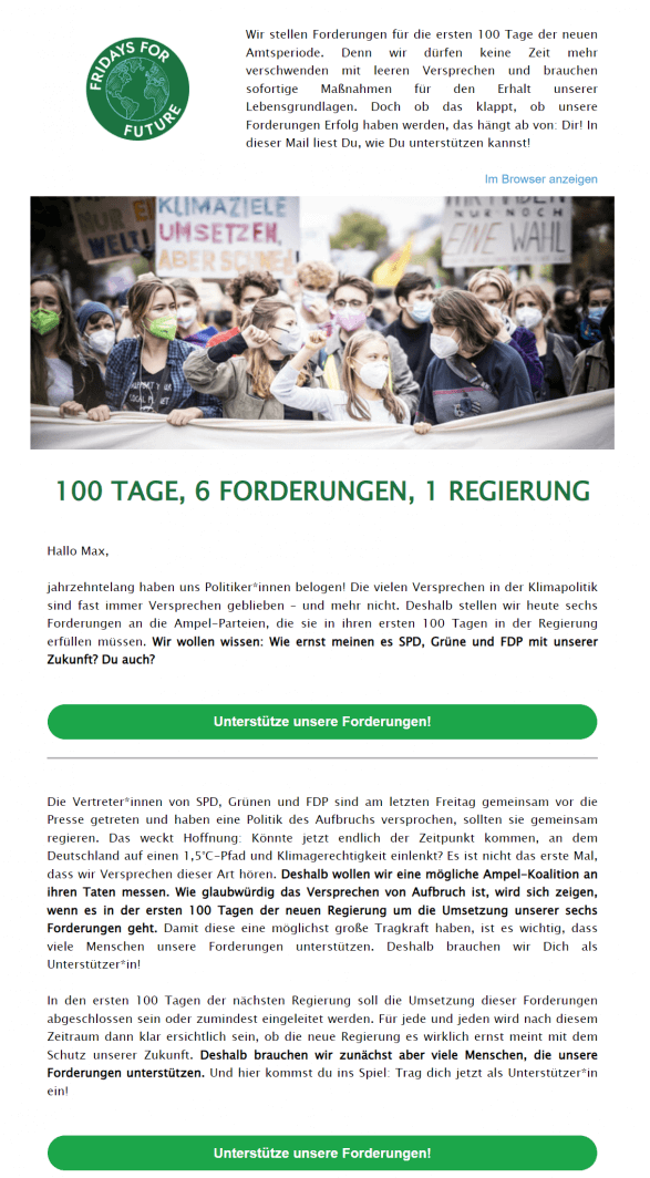 Nachhaltiges Design im E-Mail-Marketing - Beispiel von Fridays for Future