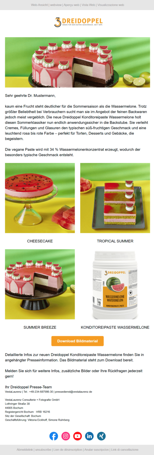 Newsletter-Beispiel für den Sommer von Dreidoppel - mit Produkten und Rezepten rund um die Wassermelone