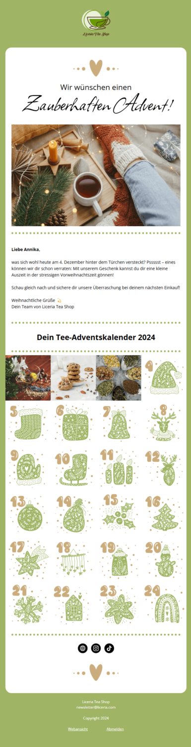 Beispiel für eine Weihnachtsmail mit einem digitalen E-Mail-Adventskalender eines Tee-Onlineshops