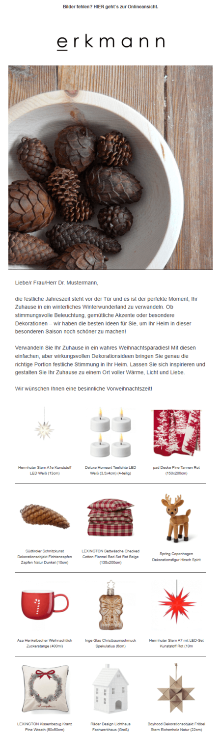 Beispiel für ein Weihnachtsmailing mit weihnachtlichen Deko-Ideen