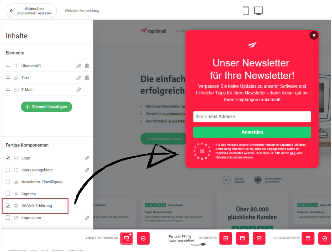 DSGVO-Erklärung im Anmeldeformular