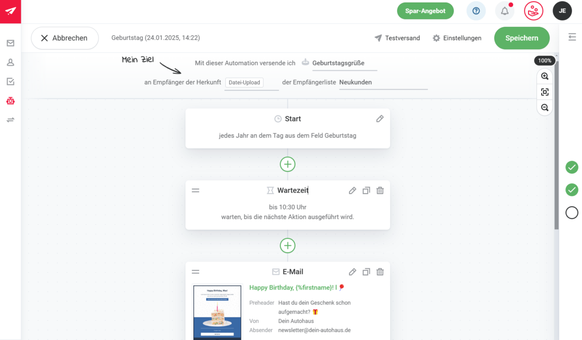 Beispiel eines automatisierten E-Mail-Workflows für die Geburtstagsmails eines Kfz-Betriebs