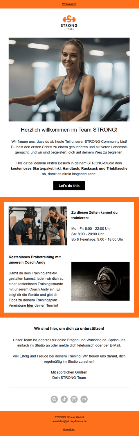 Beispiel für eine Mitglieder-Willkommensmail im Fitness-E-Mail-Marketing