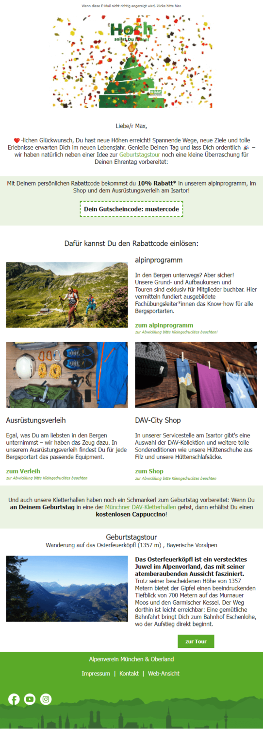 Beispiel einer Geburtstags-E-Mail-Automation des Alpenvereins