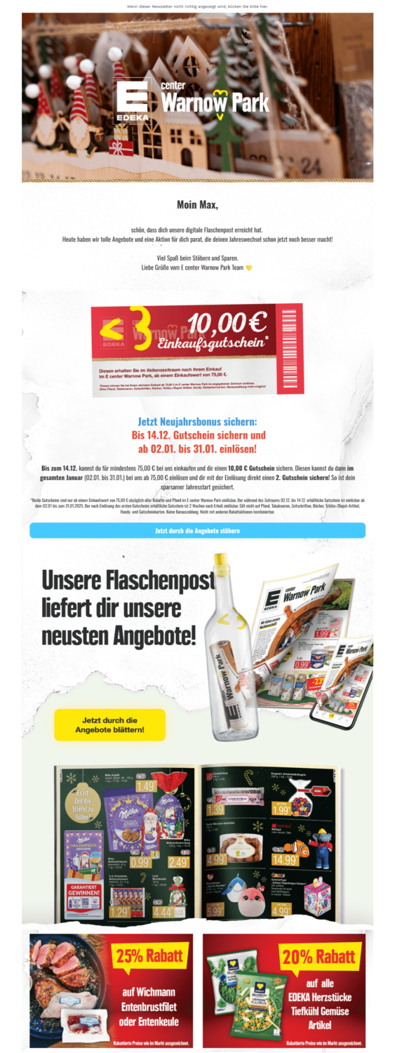 Newsletter-Beispiel zu Silvester und Neujahr von Edeka mit Einkaufsgutschein