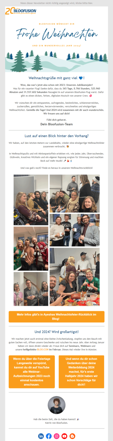 Weihnachtsemail-Beispiel mit Jahresrückblick der Bloofusion Online-Performance-Agentur