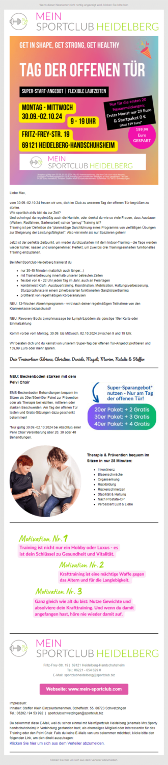 Fitness-Newsletter-Beispiel mit Einladung zum Tag der offenen Tür