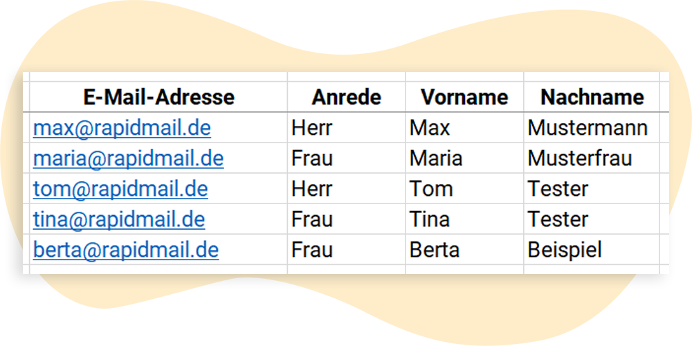 Beispiel für Importdabei: Ansicht einer in Excel angelegten Empfängerliste