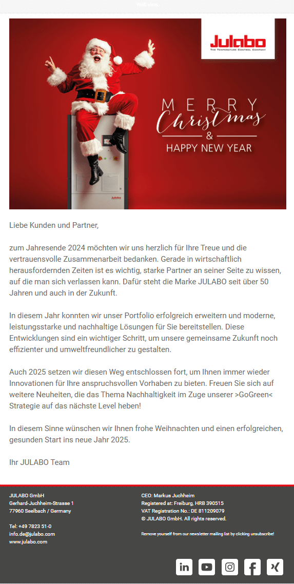 E-Mail-Grüße zu Weihnachten an Kunden und Geschäftspartner - Beispiel von Julabo