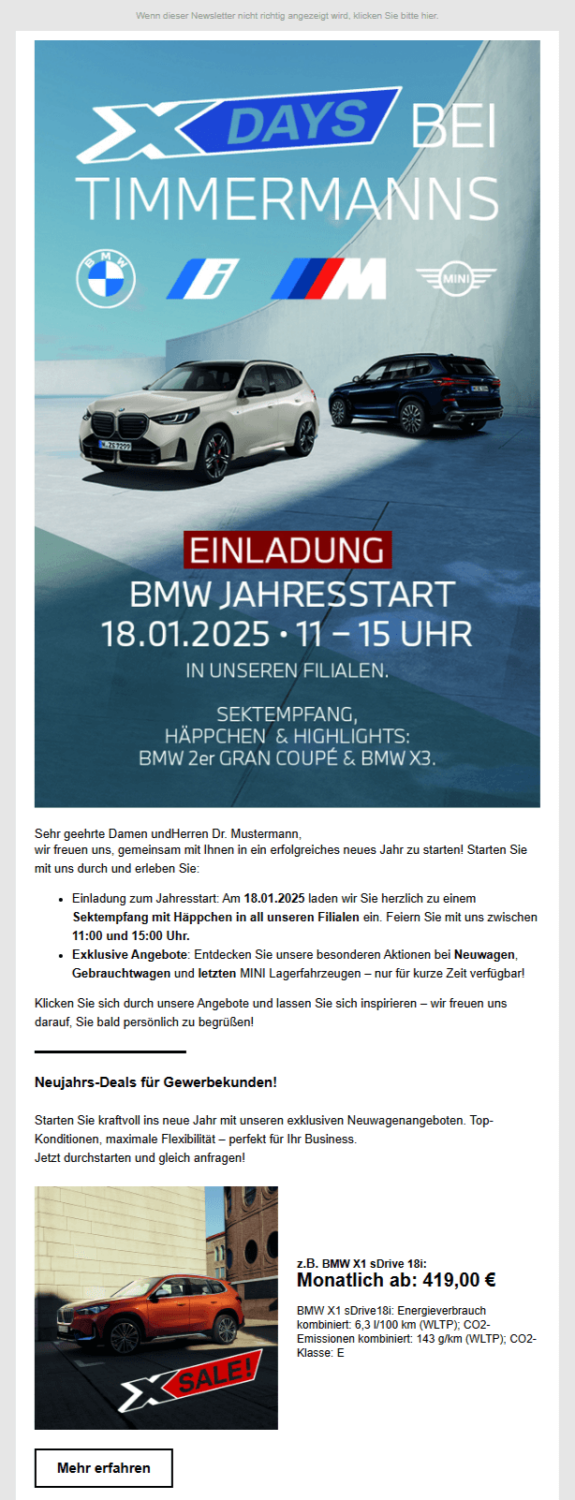 Autohaus-Newsletter-Beispiel mit Einladung zu BMW-Jahresstart-Aktionstagen